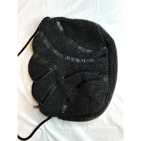 Vintage Beaded Black Evening Purse Crossbody Zip Closure Shoulder Strap Scallop - Picture 2 of 9